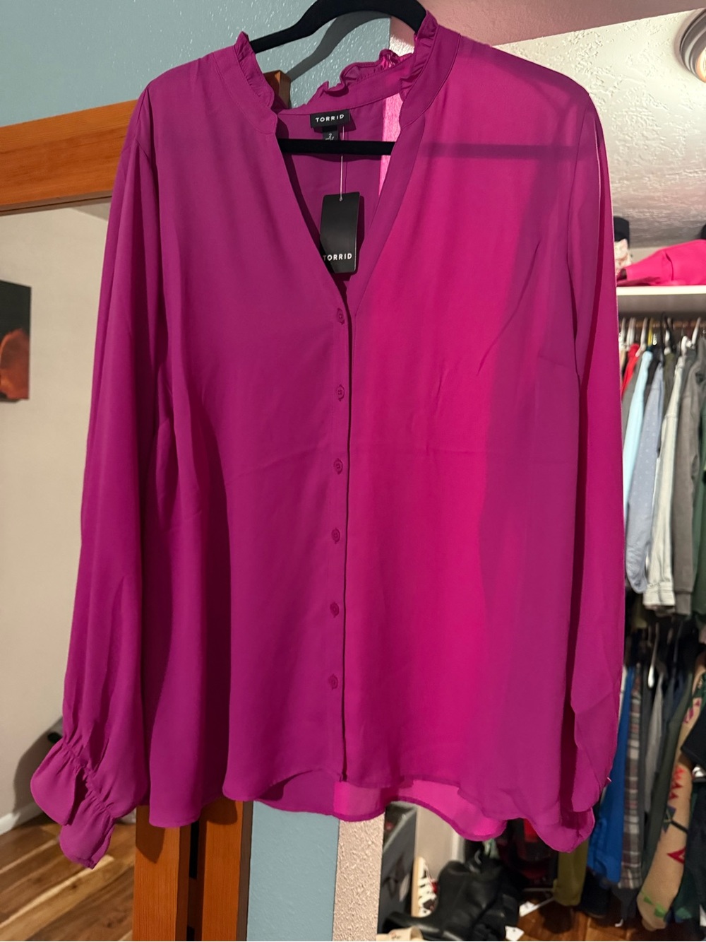 torrid Bright Fuchsia Button-Down Ruffle Blouse